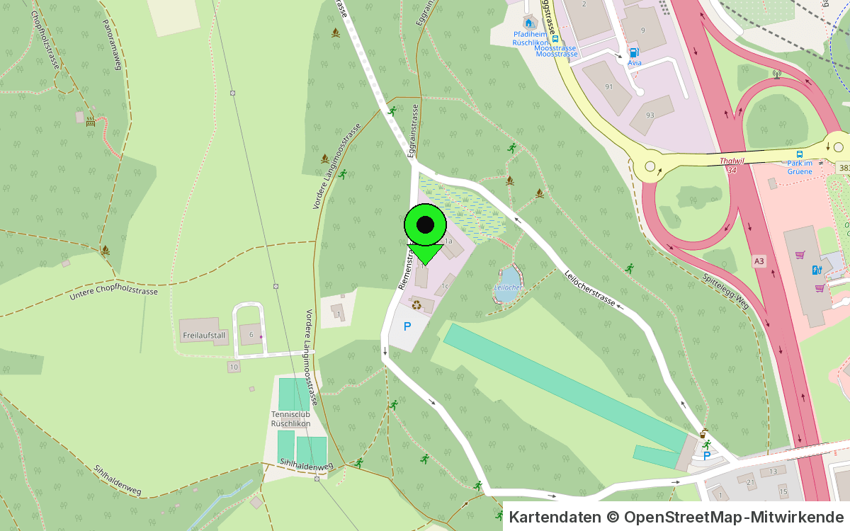 Kartenausschnitt: Lage der Garage Scheu, Riemenstrasse 1A, 8803 Rüschlikon, mit Parkplatz direkt beim Gebäude
